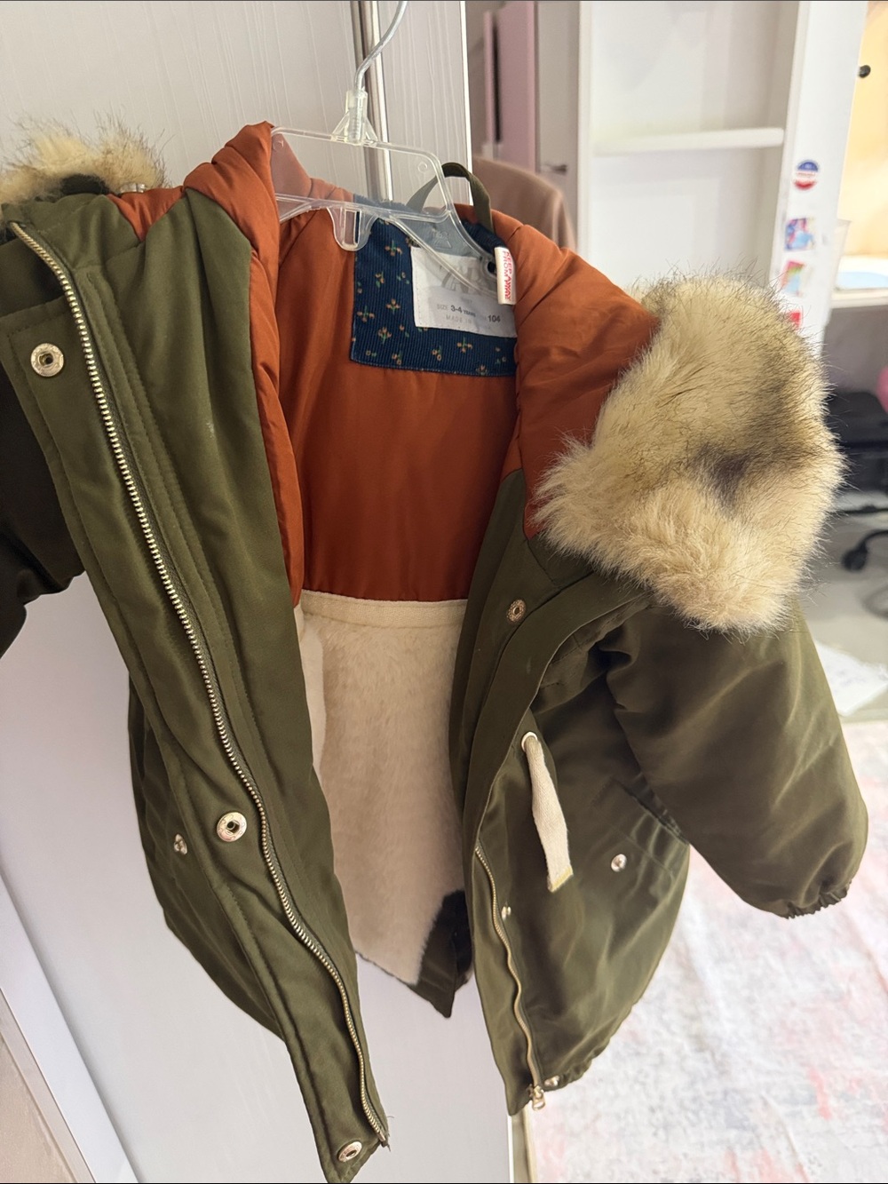 Zara Olive Green Kids Puffer Jacket with Faux Fur Hood Trim